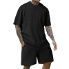 In 2025, Amazon's new bestseller men's sports solid color round neck pullover vertical pattern T-shirt, shorts and short-sleeved two-piece set Specification image